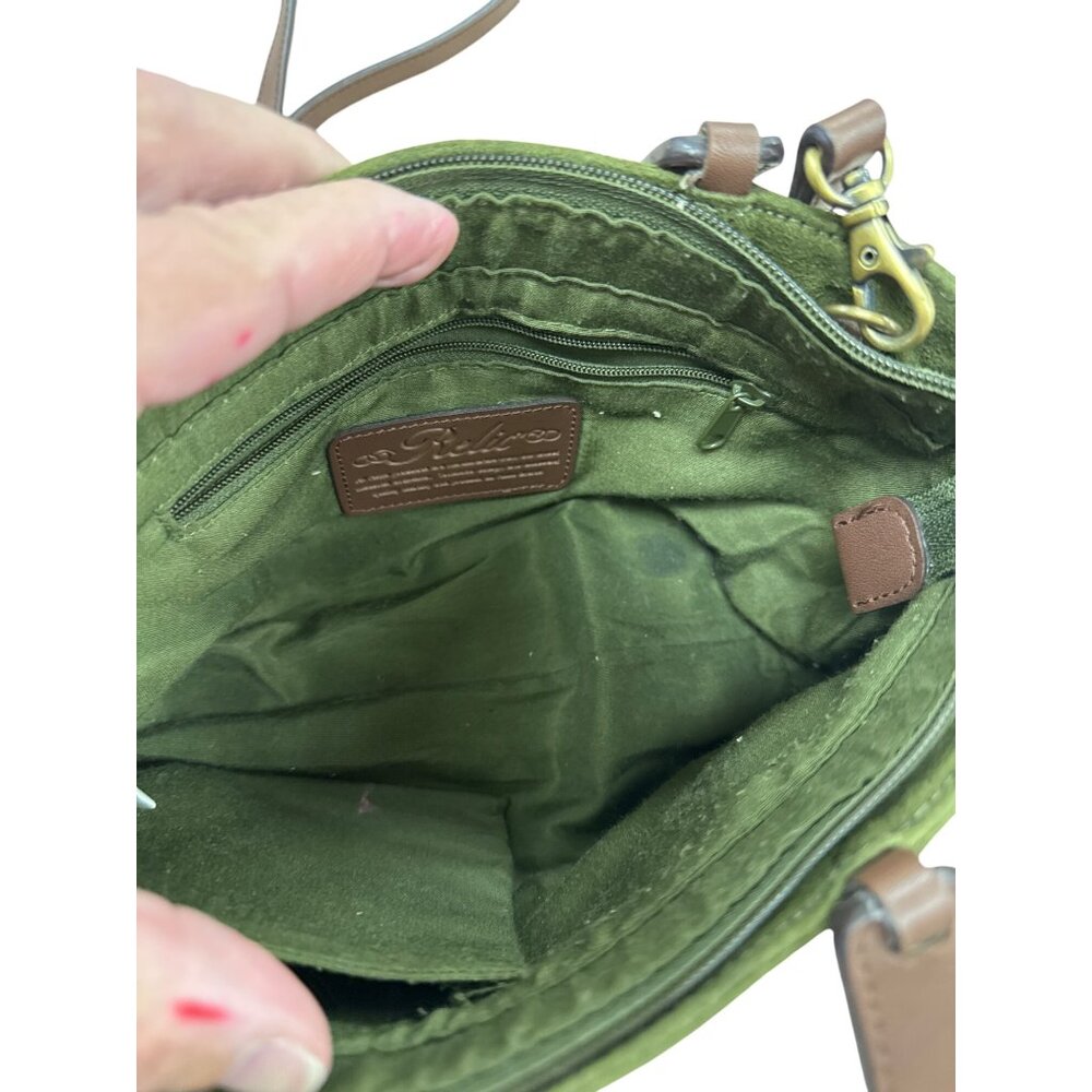 Relic Green Suede Brown Leather Floral Handle Crossbody Bag SKU 7056 - Picture 8 of 13